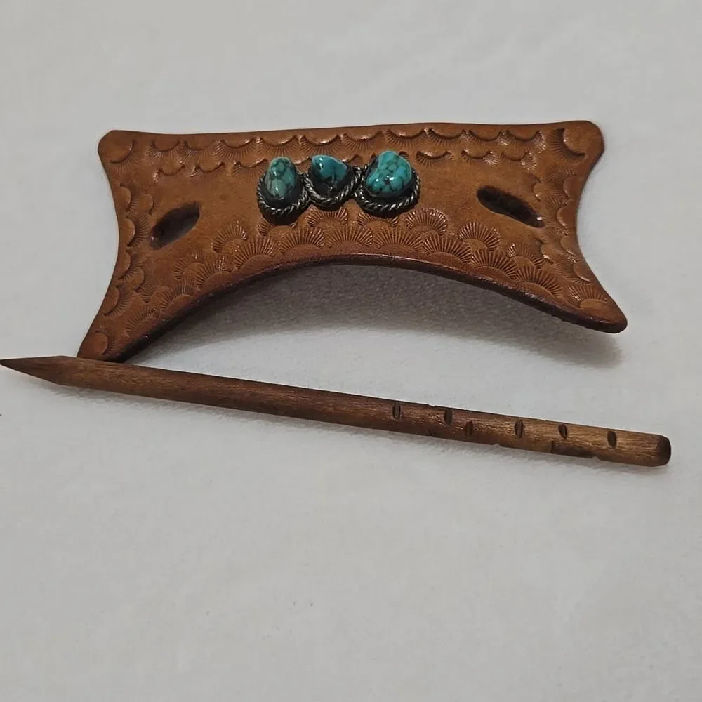 Leather Hair Barrette with Turquoise Stones